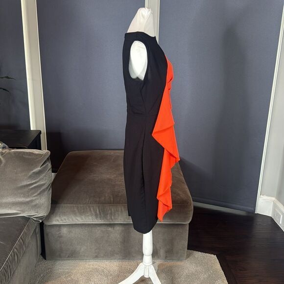 Women’s Black & Orange Asymmetrical Ruffled Front Midi Dress Zip Up Back Size M - Picture 3 of 13